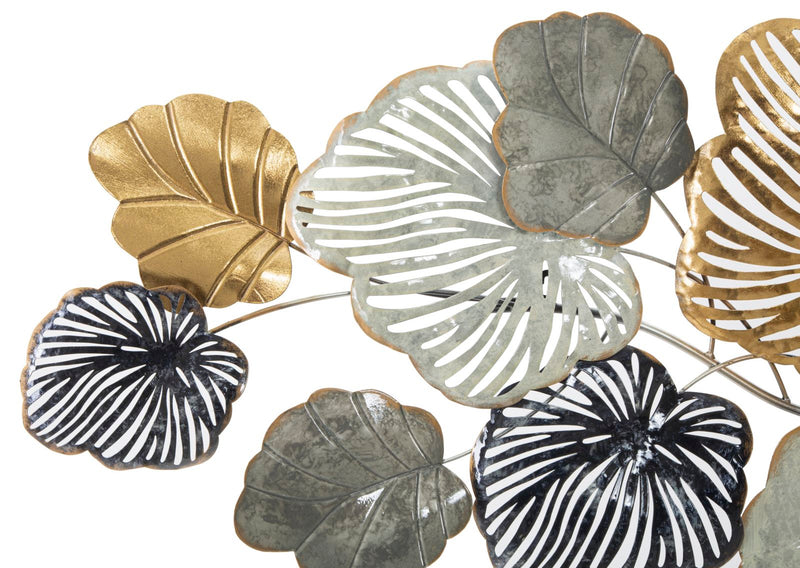 Decorazione a parete in metallo 3D con foglie oro e argento cm 142x5x65h
