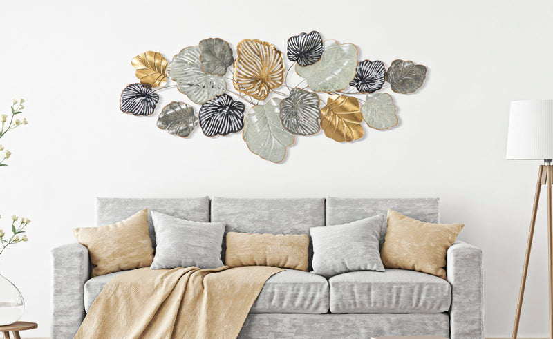 Decorazione a parete in metallo 3D con foglie oro e argento cm 142x5x65h