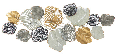 Decorazione a parete in metallo 3D con foglie oro e argento cm 142x5x65h