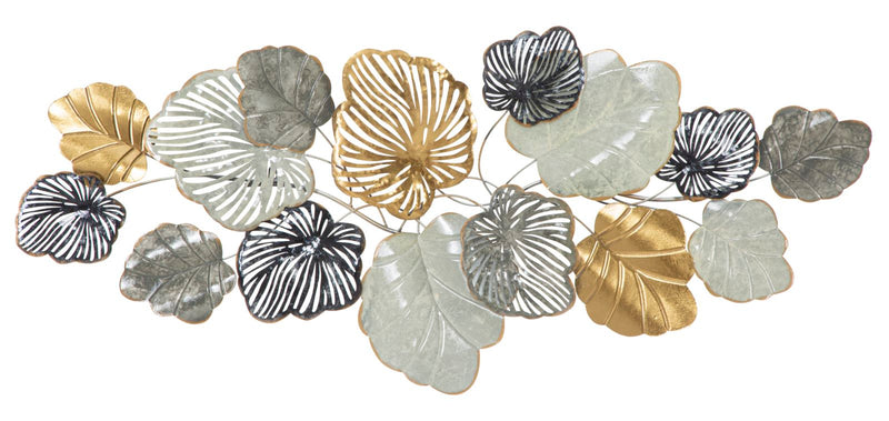Decorazione a parete in metallo 3D con foglie oro e argento cm 142x5x65h