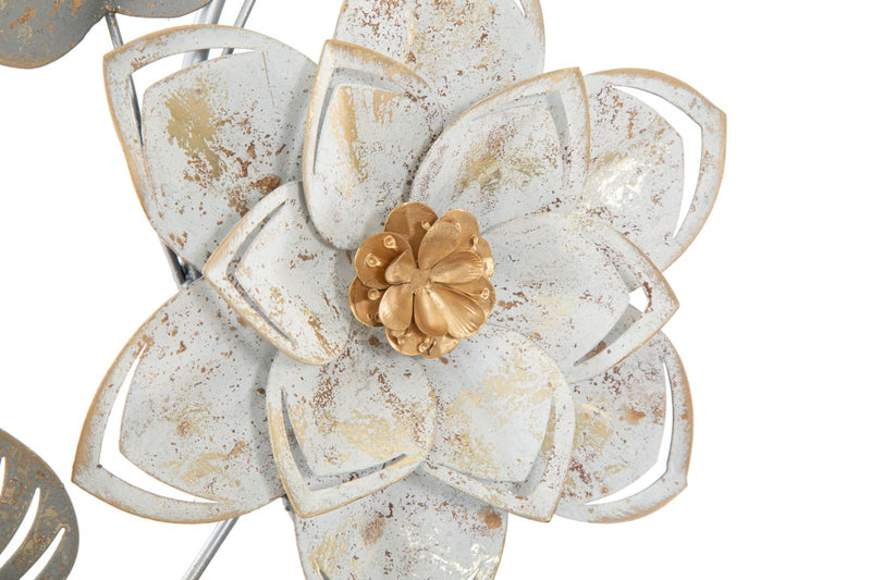 Decorazione da parete in metallo 3D con fiori bianco e oro cm 39x5x67h
