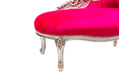 Chaise longue divanetto barocco in legno color argento tessuto fucsia gemme incastonate cm 105x60x95h