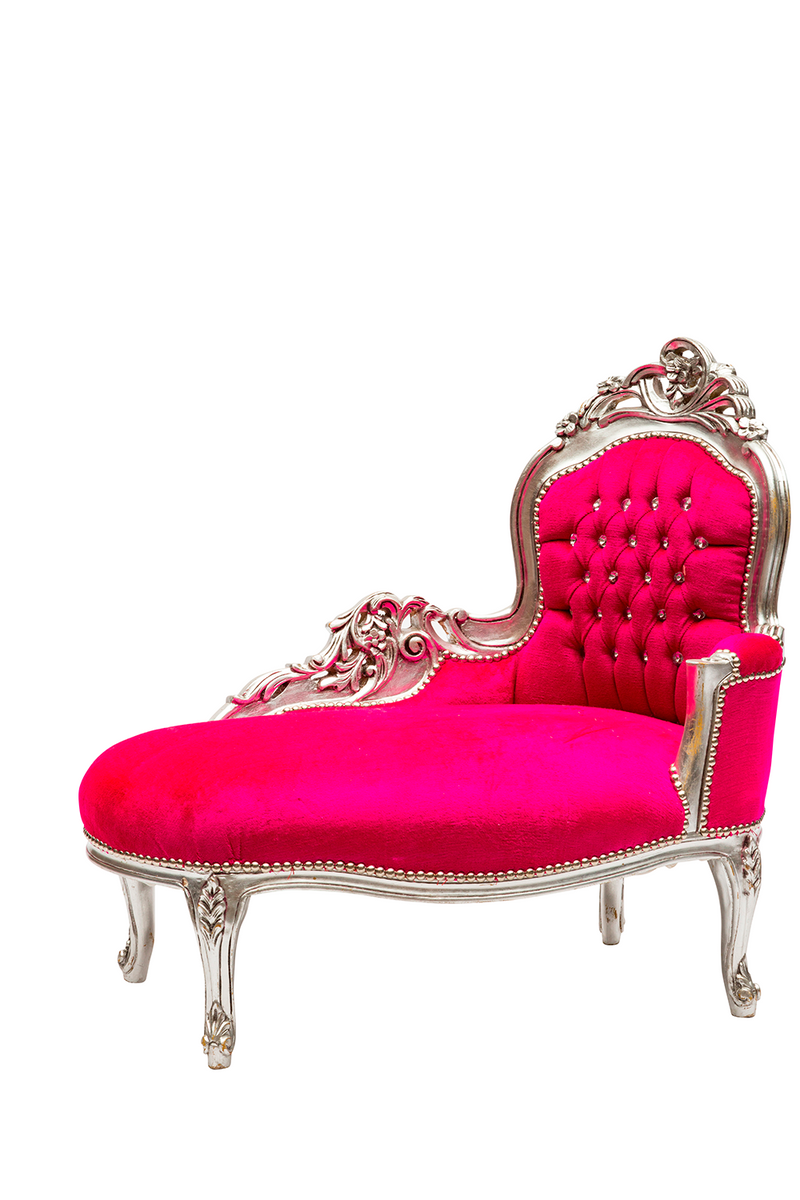 Chaise longue divanetto barocco in legno color argento tessuto fucsia gemme incastonate cm 105x60x95h