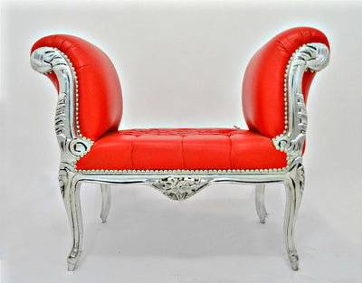 Divanetto panca barocco in legno colore argento ed ecopelle colore rosso cm 90x45x70h