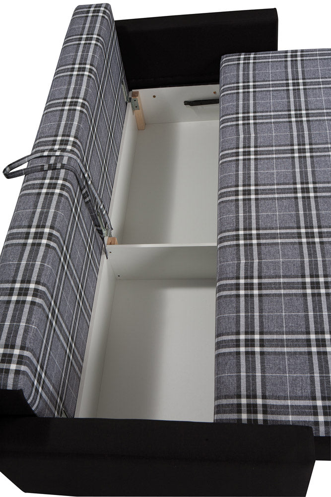 Kiril - Divano 3 posti trasformabile in letto con contenitore in tessuto scozzese cm 215x95x90h