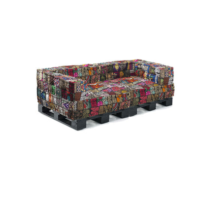 Divano moderno con base in legno rivestito in tessuto patchwork cm 160x80x53h