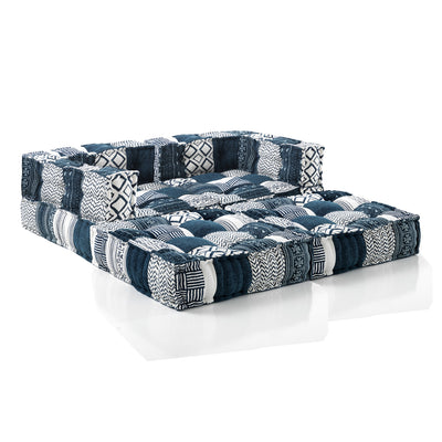 Divano componibile imbottito rivestito in cotone patchwork bianco e blu cm 160x80x60