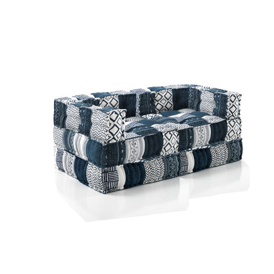 Divano componibile imbottito rivestito in cotone patchwork bianco e blu cm 160x80x60