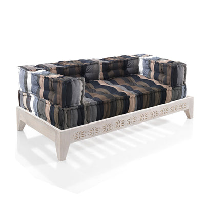 Divano moderno due posti con base in legno intagliato stile indiano cm 167x86x60h
