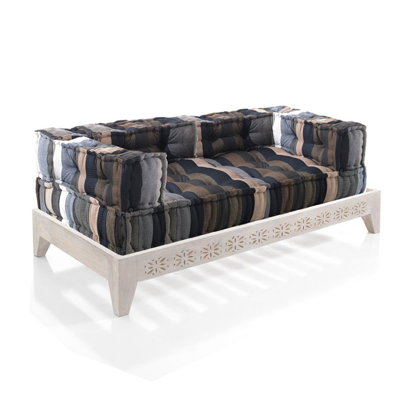 Divano moderno due posti con base in legno intagliato stile indiano cm 167x86x60h