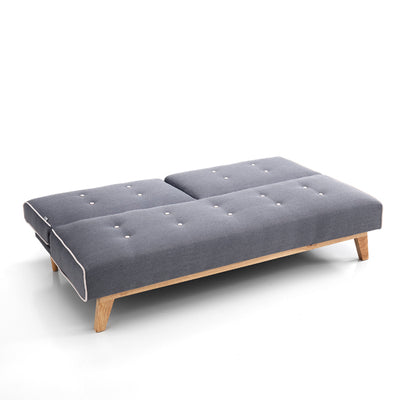 Divano letto moderno in tessuto grigio schienale reclinabile e gambe in legno massello cm 180x86x82h