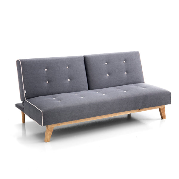 Divano letto moderno in tessuto grigio schienale reclinabile e gambe in legno massello cm 180x86x82h