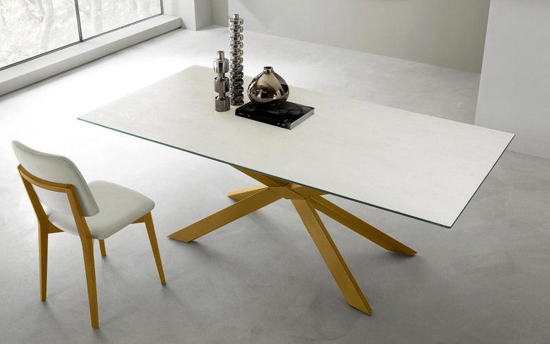 tavolo design piano bianco base oro