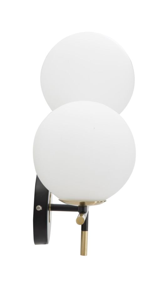 Lampada da muro 2 luci in metallo con sfere in vetro bianco cm 30x17x35h