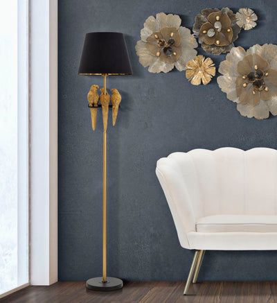 Piantana moderna in metallo nero e oro con pappagalli cm Ø 37x164h