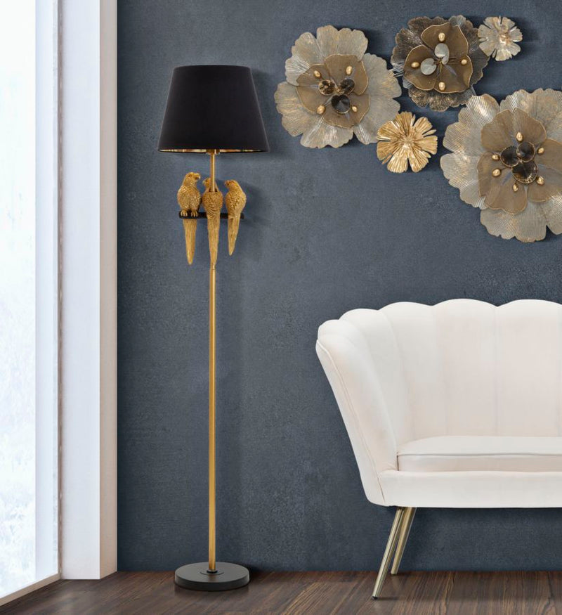 Piantana moderna in metallo nero e oro con pappagalli cm Ø 37x164h