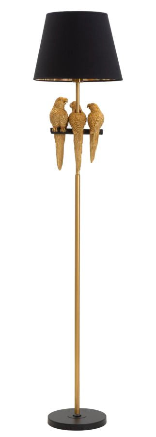 Piantana moderna in metallo nero e oro con pappagalli cm Ø 37x164h