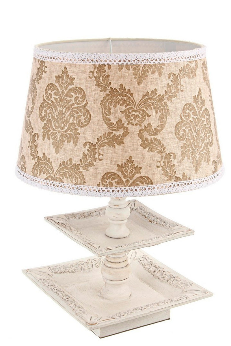 Lampada da tavolo base in legno con 2 ripiani paralume in tessuto stile classico cm 25x25x41h