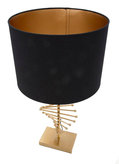 Lampada design base in metallo finitura oro paralume in tessuto nero cm Ø 34x65h