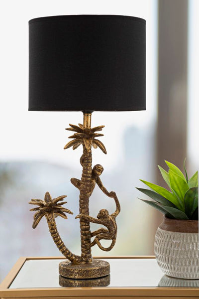 Lampada da tavolo base con palma e scimmiette paralume in tessuto cm 28x61h