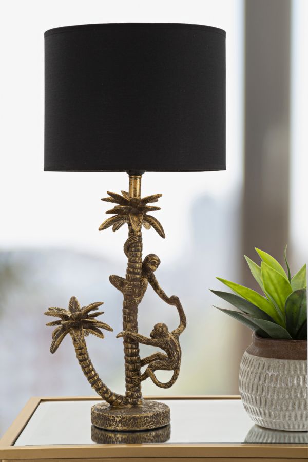 Lampada da tavolo base con palma e scimmiette paralume in tessuto cm 28x61h