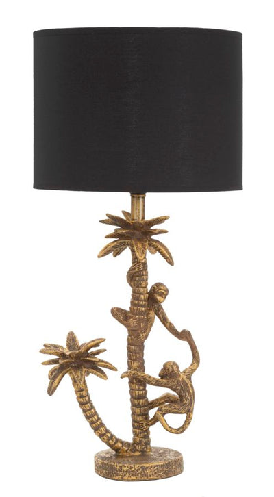 lampada moderna da tavolo base con palma e scimmiette paralume in tessuto nero 