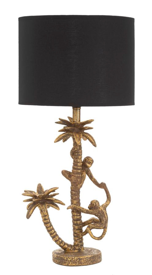 lampada moderna da tavolo base con palma e scimmiette paralume in tessuto nero 