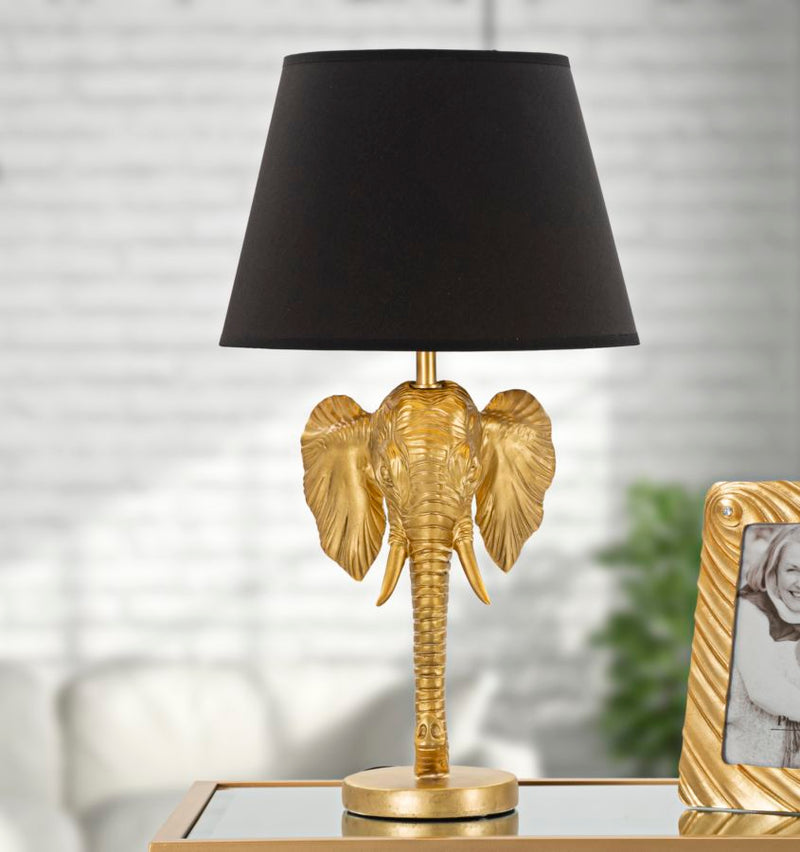 Lampada da tavolo testa di elefante colore oro coprilampada nero cm 32x59h