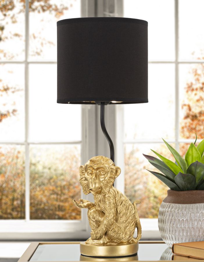 Lampada da tavolo con scimmia seduta coprilampada in tessuto nero cm 20x51h