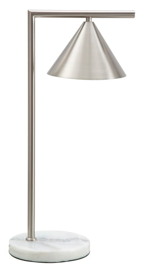 lampada da tavolo in metallo colore argento base in marmo