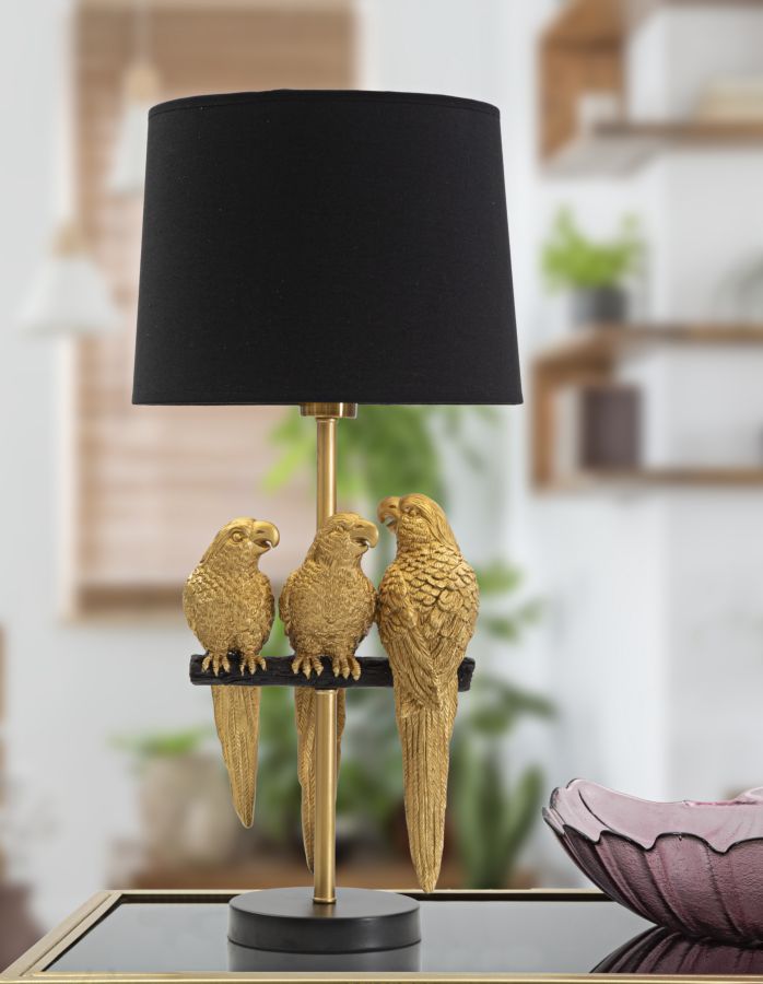 Lampada da salotto moderna base con pappagalli dorati paralume nero - varie misure