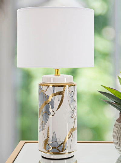 Lampada moderna in ceramica design astratto paralume in tessuto cm 25x48h