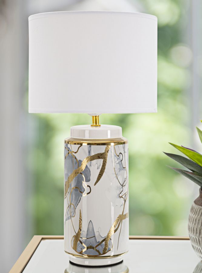 Lampada moderna in ceramica design astratto paralume in tessuto cm 25x48h