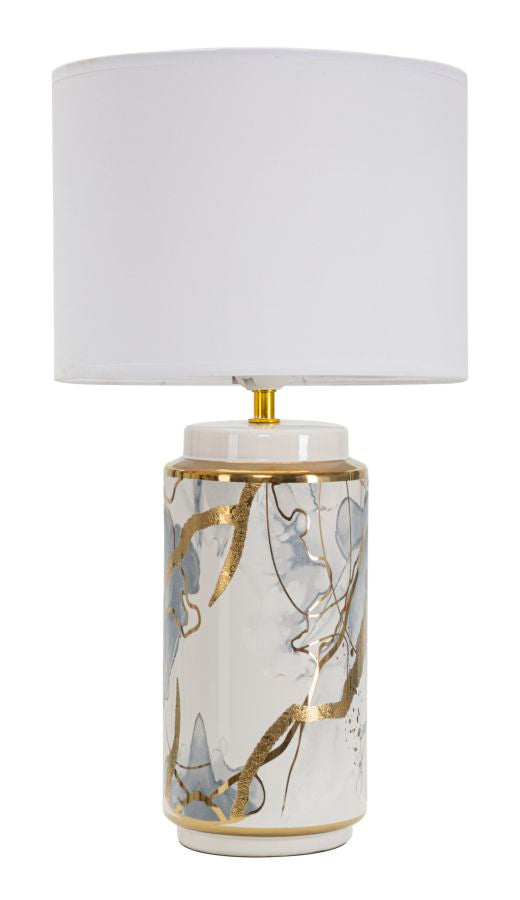 lampada moderna base in ceramica decorata paralume in tessuto bianco