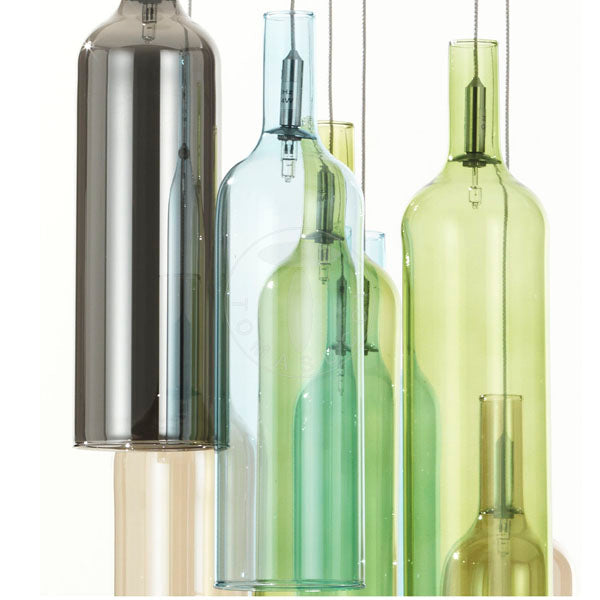 Lampadario a sospensione paralumi a forma di bottiglia in vetro colorato cm Ø 30x120h
