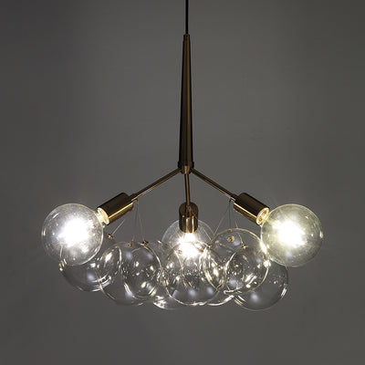 Lampadario design in metallo ottone anticato e 9 sfere in vetro cm Ø 60x60h