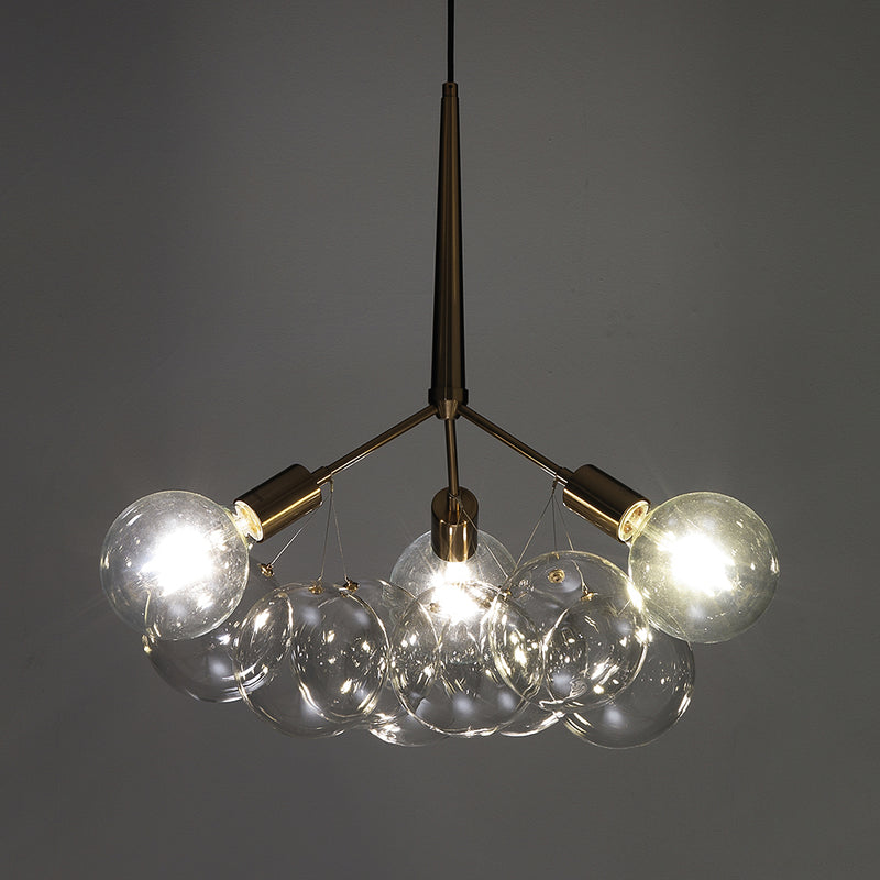 Lampadario design in metallo ottone anticato e 9 sfere in vetro cm Ø 60x60h