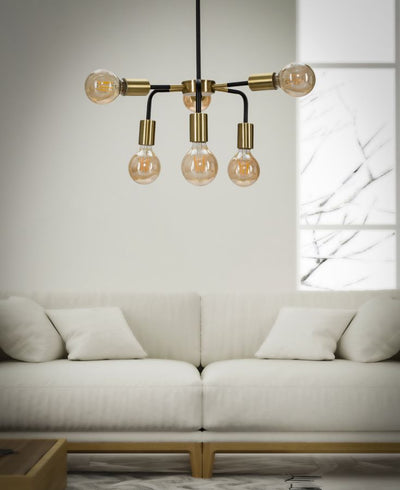 Lampadario 6 luci design moderno in metallo nero e oro cm Ø 37x81h