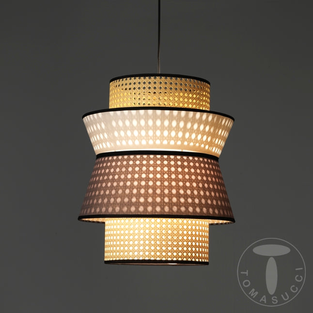 Lampadario a sospensione tondo coprilampada in tessuto e paglia di Vienna cm Ø 39x46h