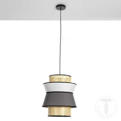 Lampadario a sospensione tondo coprilampada in tessuto e paglia di Vienna cm Ø 39x46h