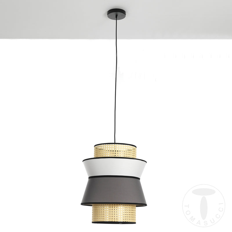Lampadario a sospensione tondo coprilampada in tessuto e paglia di Vienna cm Ø 39x46h