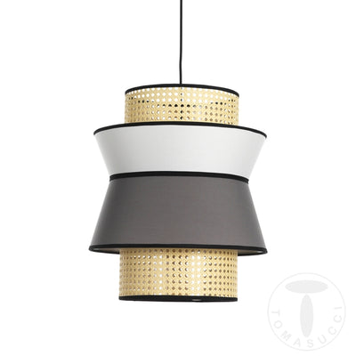 Lampadario a sospensione tondo coprilampada in tessuto e paglia di Vienna cm Ø 39x46h