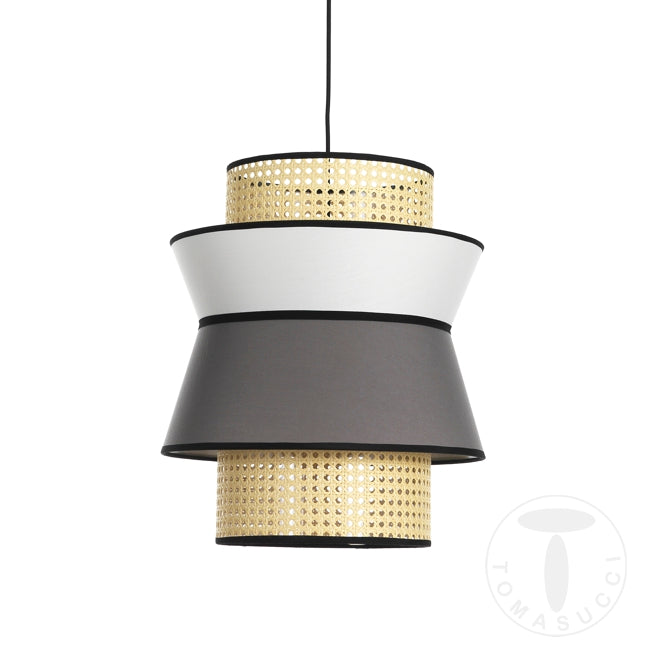 Lampadario a sospensione tondo coprilampada in tessuto e paglia di Vienna cm Ø 39x46h