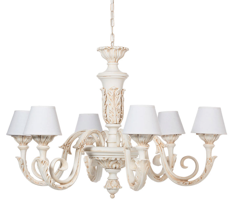 Lampadario barocco da salotto classico in legno bianco con paralumi 6 luci cm 95x95x68h