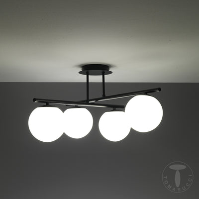 Lampadario moderno da soffitto in metallo colore nero 4 sfere in vetro bianco cm 60x60x30h