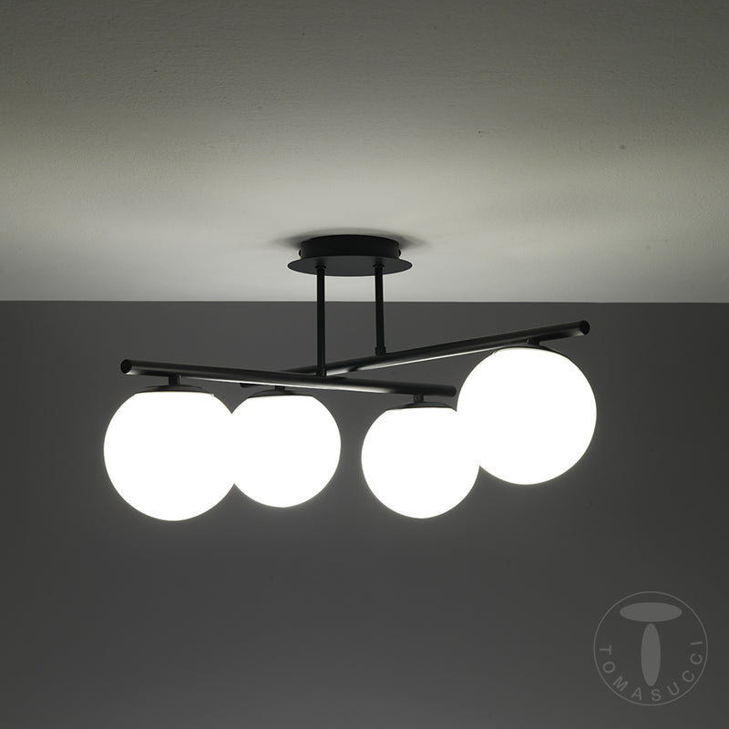 Lampadario moderno da soffitto in metallo colore nero 4 sfere in vetro bianco cm 60x60x30h