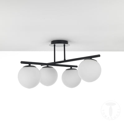 Lampadario moderno da soffitto in metallo colore nero 4 sfere in vetro bianco cm 60x60x30h