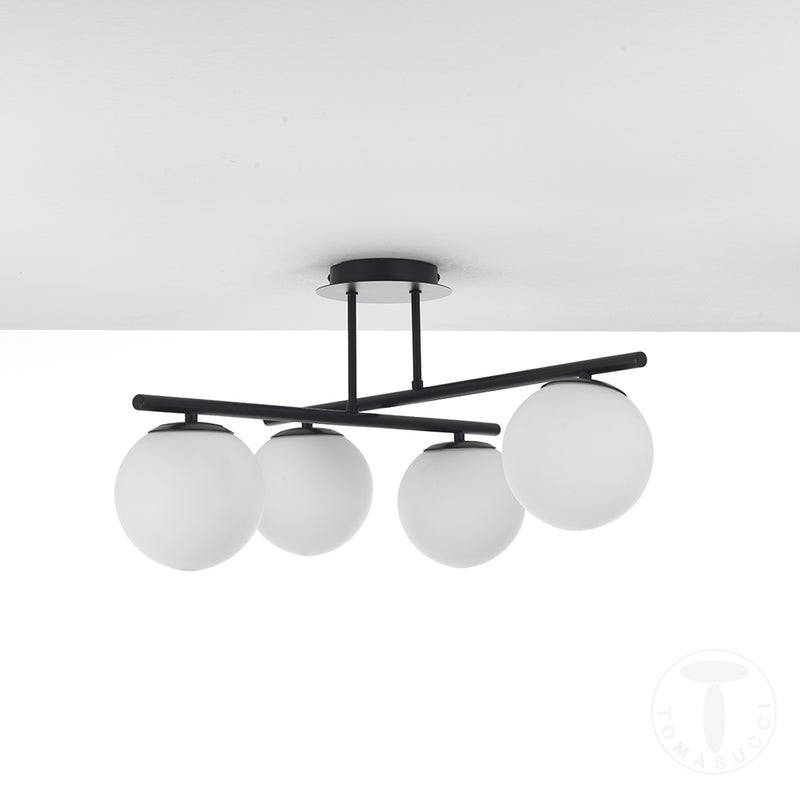 Lampadario moderno da soffitto in metallo colore nero 4 sfere in vetro bianco cm 60x60x30h