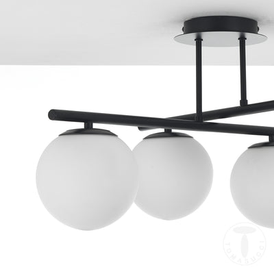 Lampadario moderno da soffitto in metallo colore nero 4 sfere in vetro bianco cm 60x60x30h