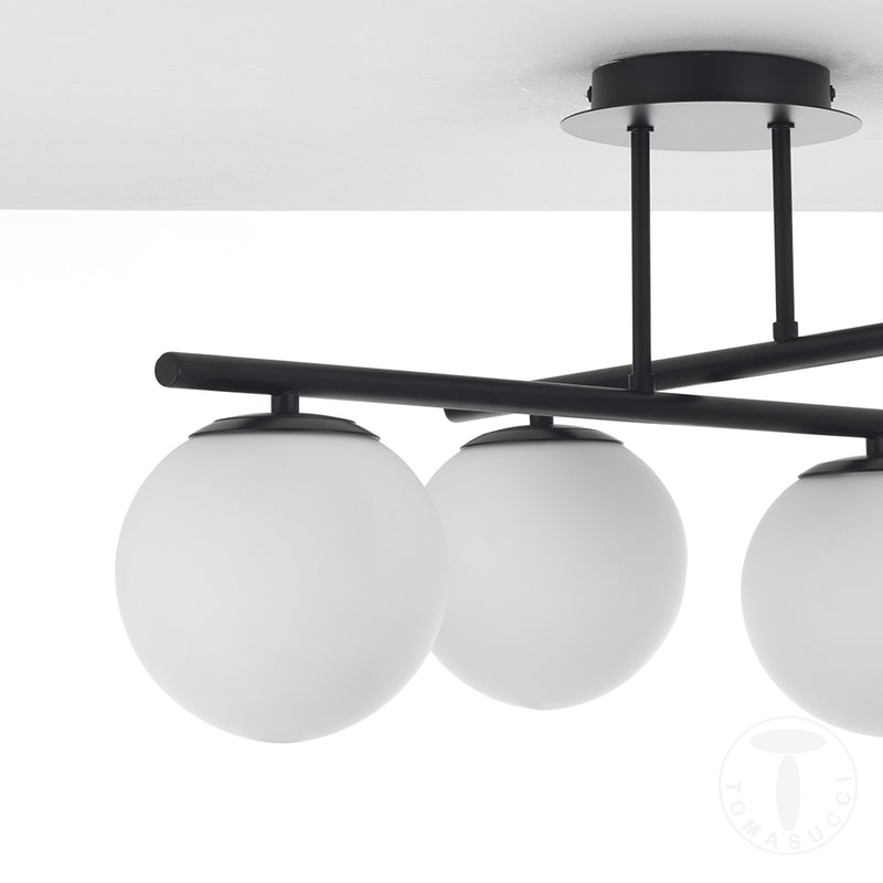 Lampadario moderno da soffitto in metallo colore nero 4 sfere in vetro bianco cm 60x60x30h